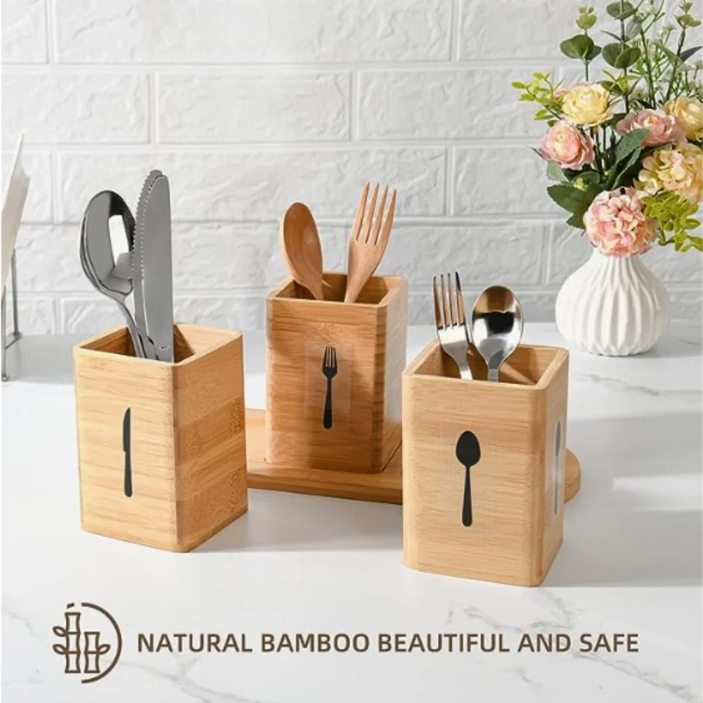 4 pc - Silverware Caddy - Natural Bamboo Flatware Holders w/ Tray
